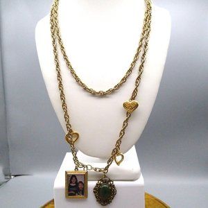 Vintage Rope Chain Charm Necklace, Long Gold Tone with 5 Charms, 3 Hearts